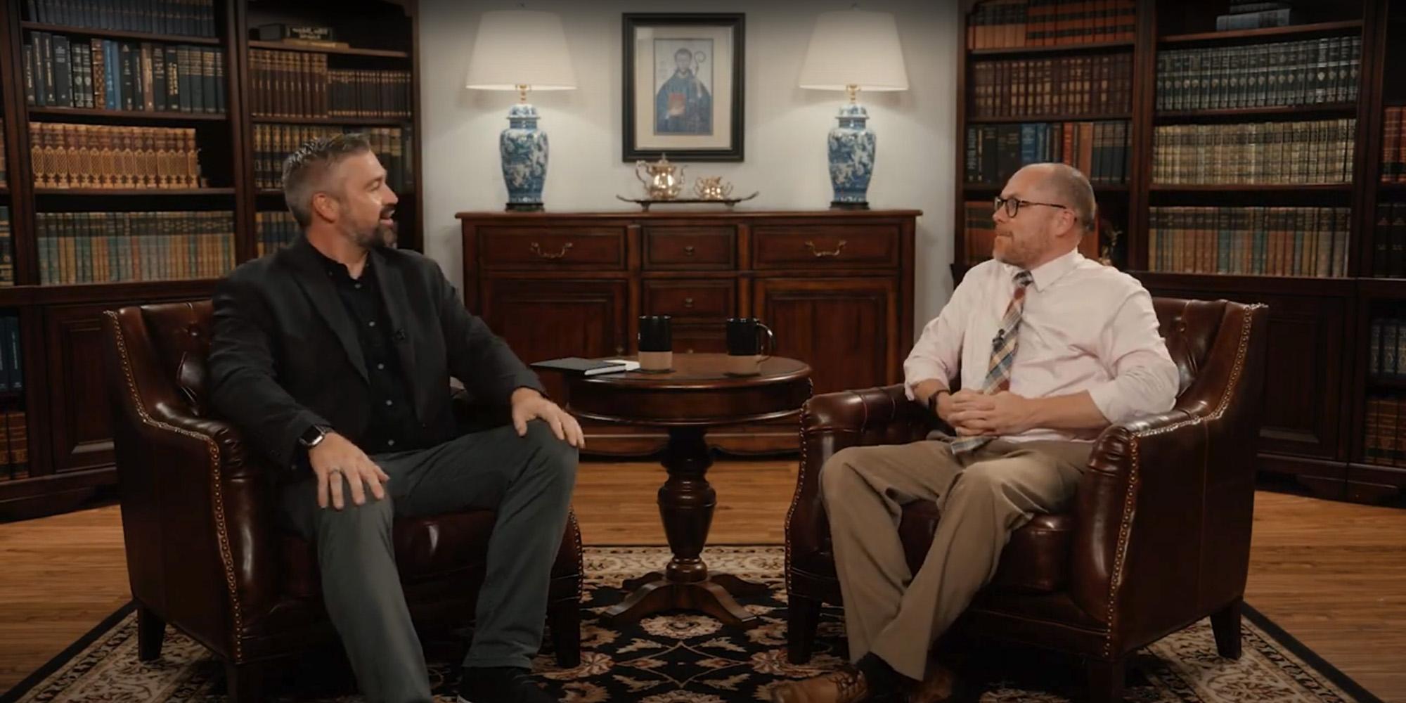 Tim Carney and Dr. Jared Zimmerer having a conversation during an episode of The Benedictine Dialogues